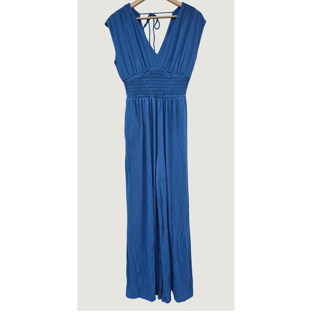 Gap South Wind Smocked Waist V-Neck Wide Leg Jumpsuit Blue Small Tall 863516-02